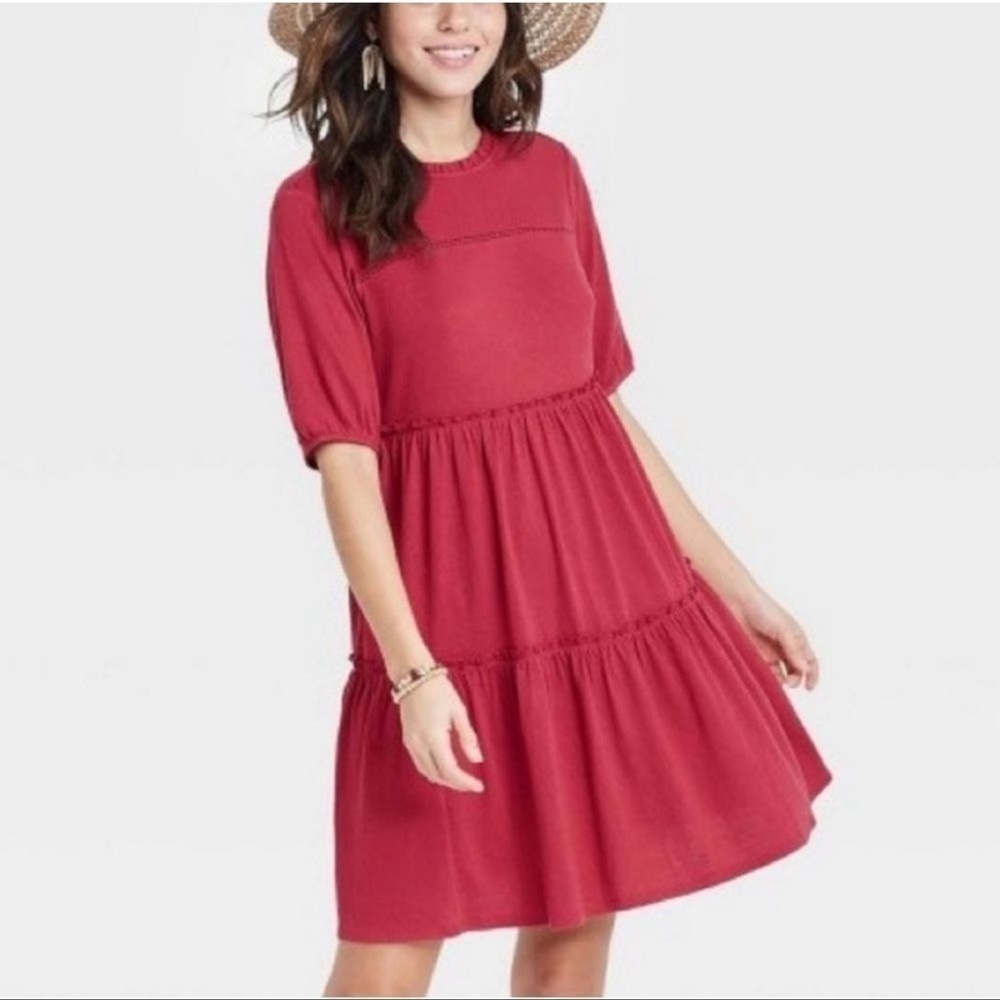 Knox Rose Tiered Rose Wine Baby Doll Ruffle Neck Mini Dress